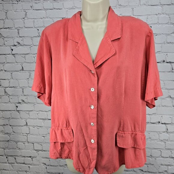 VTG Worthington 100% Silk Coral Blouse  Faux Pockets & Pearl Buttons Size 18W - Picture 1 of 10